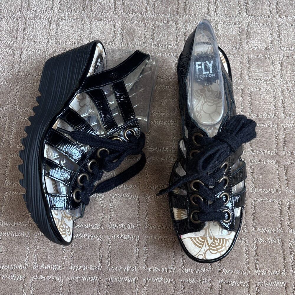 Fly London Yito Patent Leather Lace-Up Wedge Sandals Women's 39 / 8-8.5 Black